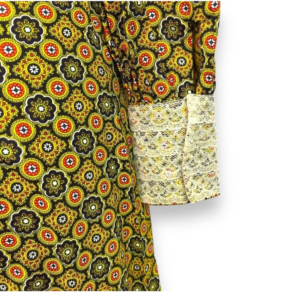 Vintage 60s Handmade Mandala Print Maxi Dress Long Sleeve Gown Lace Trim Hippie - Picture 6 of 9